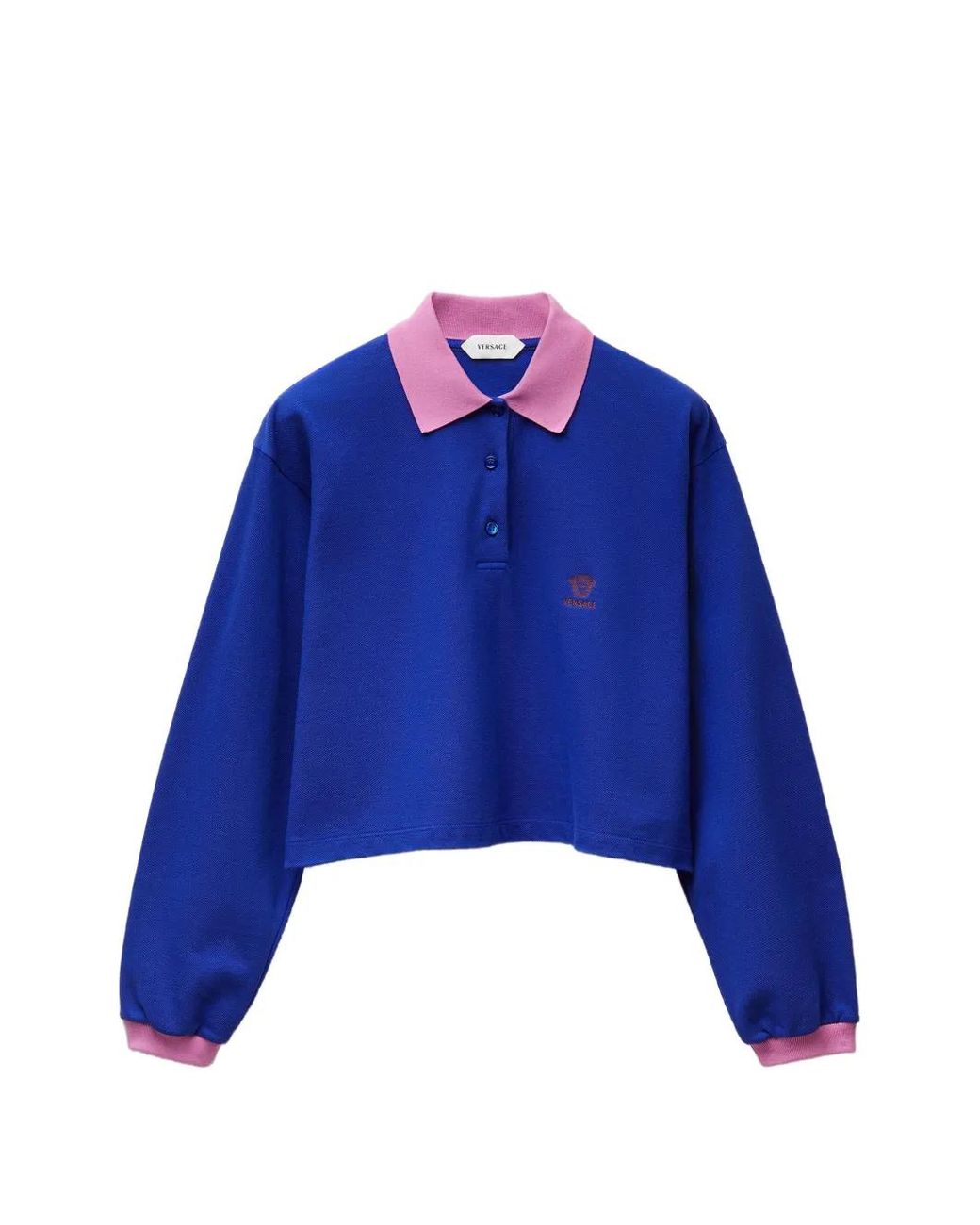 Versace Blue Polo En Coton Piqué À Logo Brodé Et Manches Longues