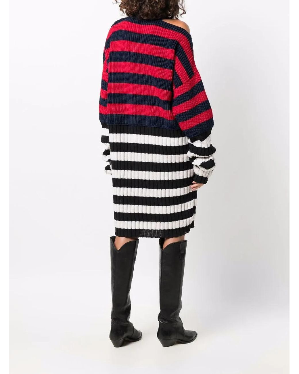 Balmain Red Ribbed-Knit Striped Mini Dress