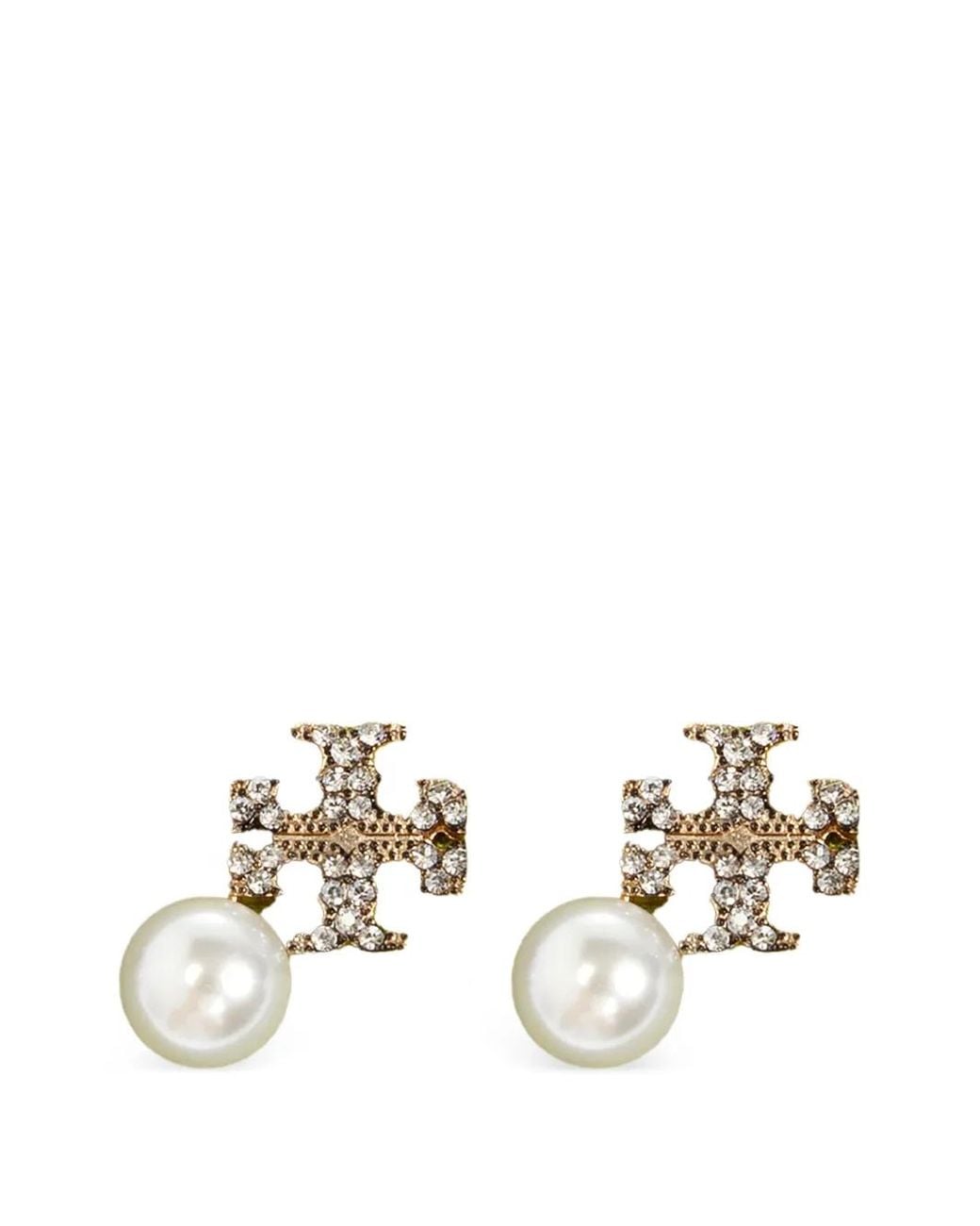 Tory Burch White Moondance Logo And Pearl Stud Earrings