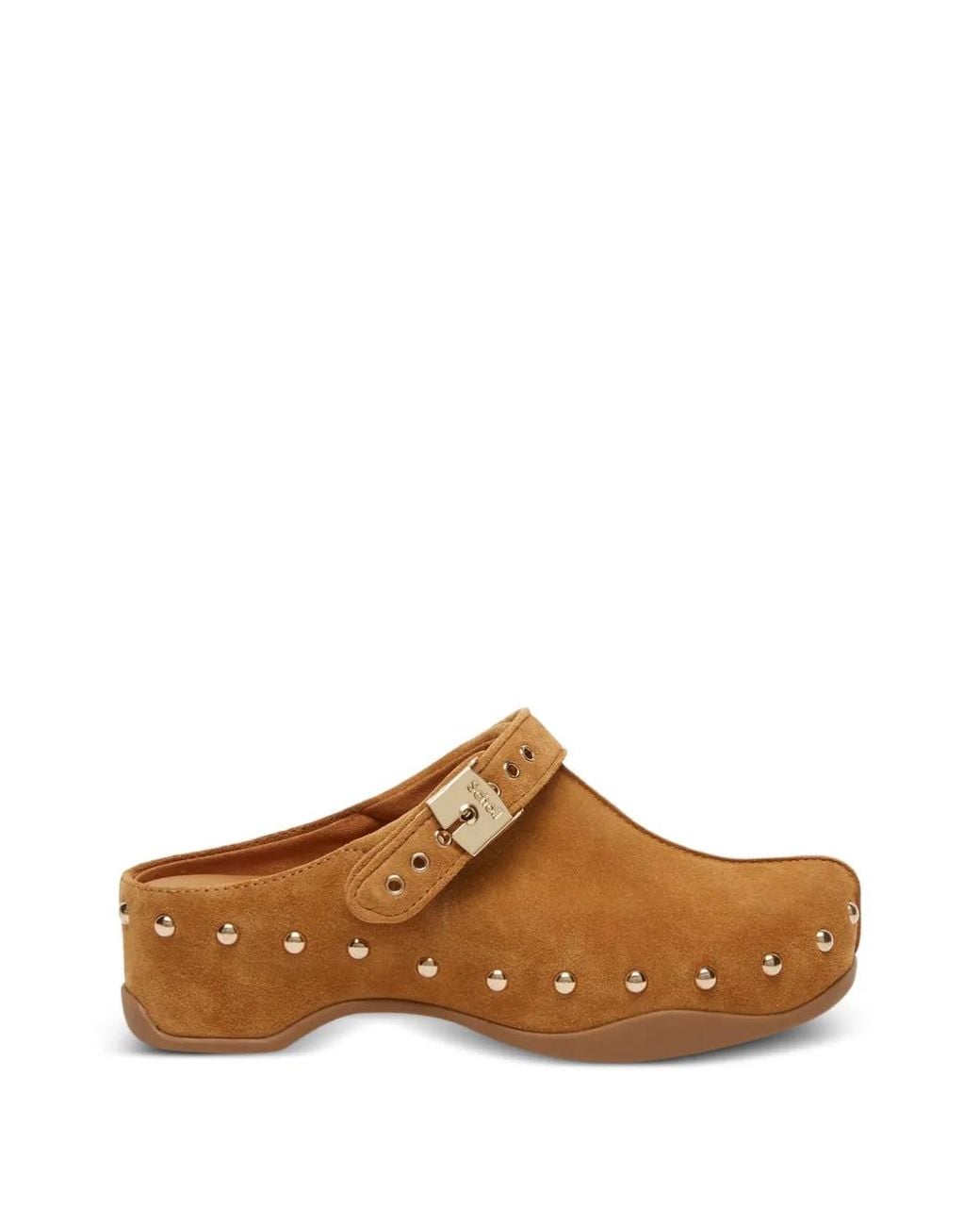 Scholl Brown Stud-Embellished Buckle-Fastening Clogs