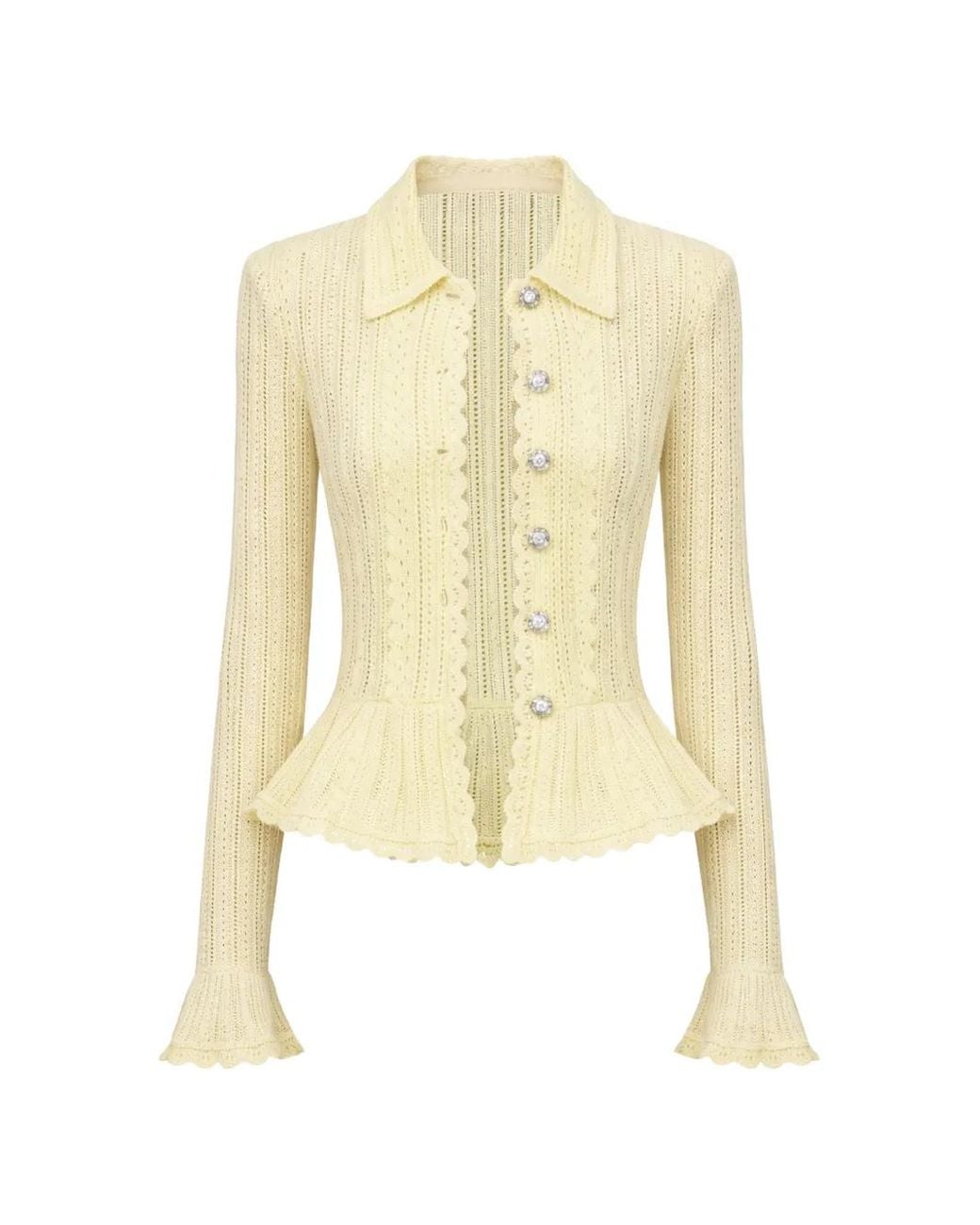 Self-Portrait White Pointelle-Knit Ruffled Cardigan