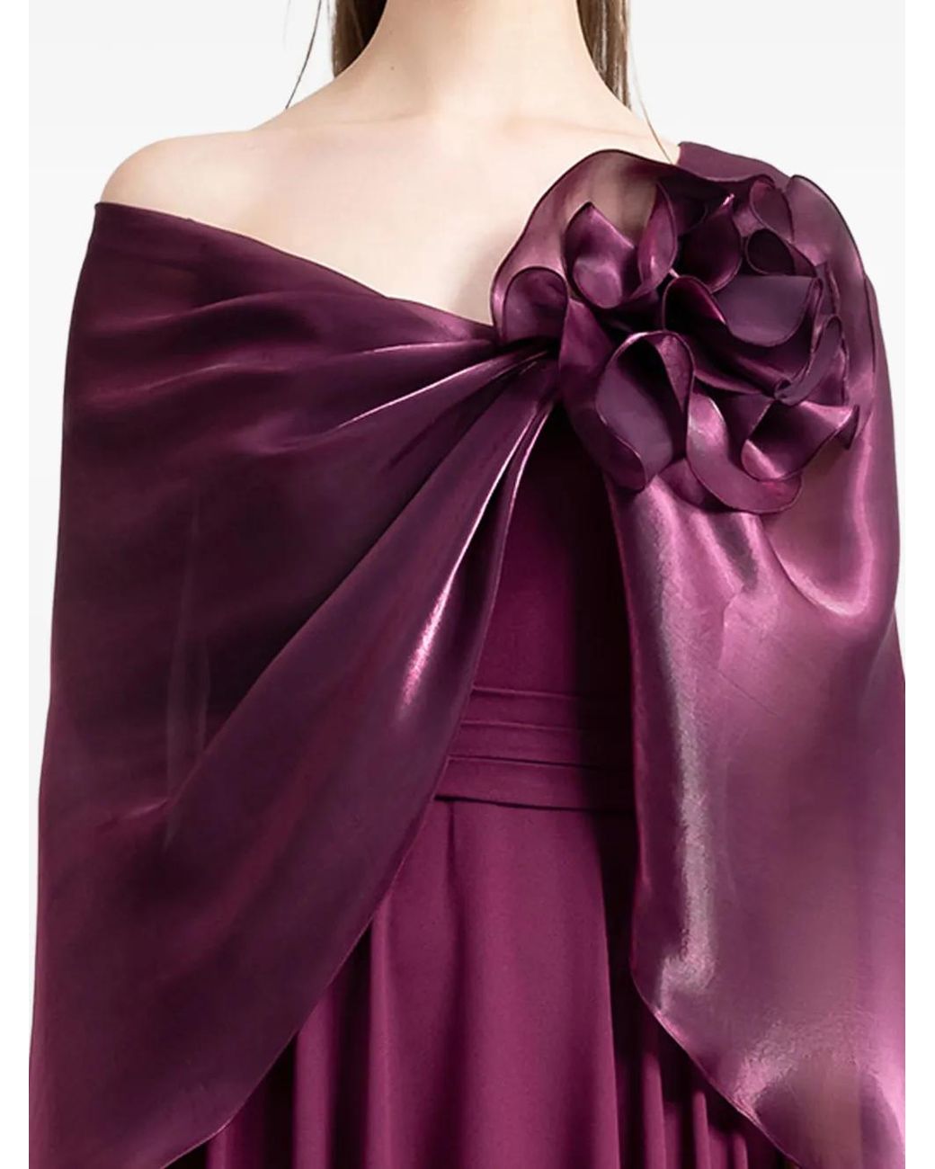 Gemy Maalouf Purple Flower-Detail Cape-Overlay Dress