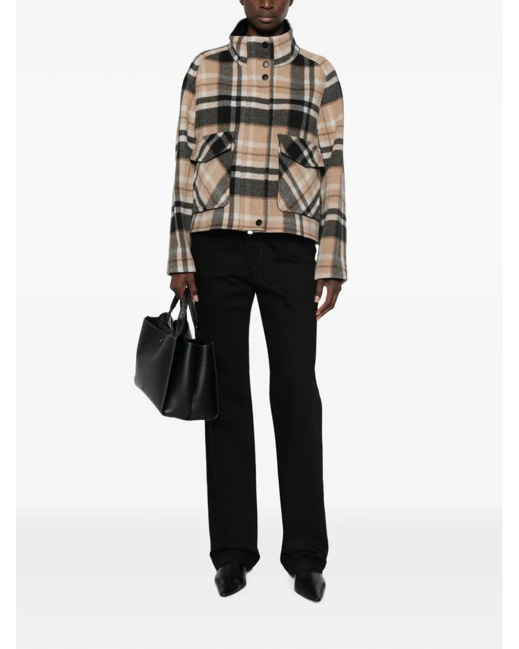 Pinko Natural Double-Layered Check-Pattern High-Neck Coat