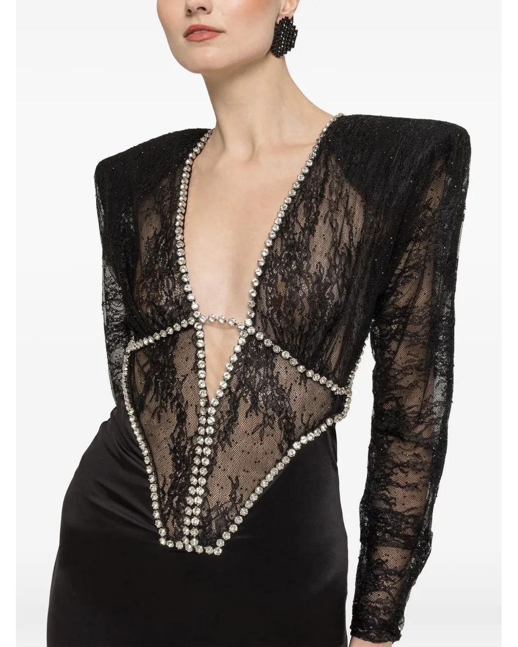 Nissa Black Lace-Panelled Crystal-Embellished Dress