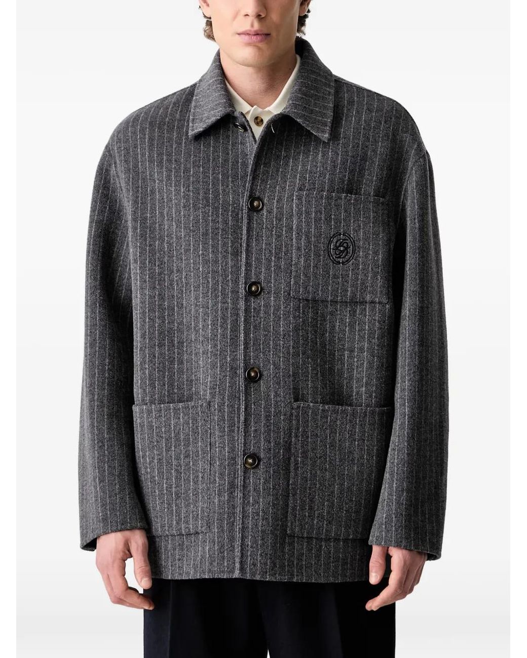 Drole de Monsieur Gray Pinstripe-Pattern Logo-Embroidered Shirt Jacket for men