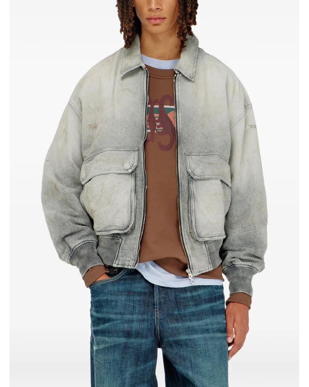 DIESEL Gray Veste En Jean Effet Usé À Motif De Chevrons
