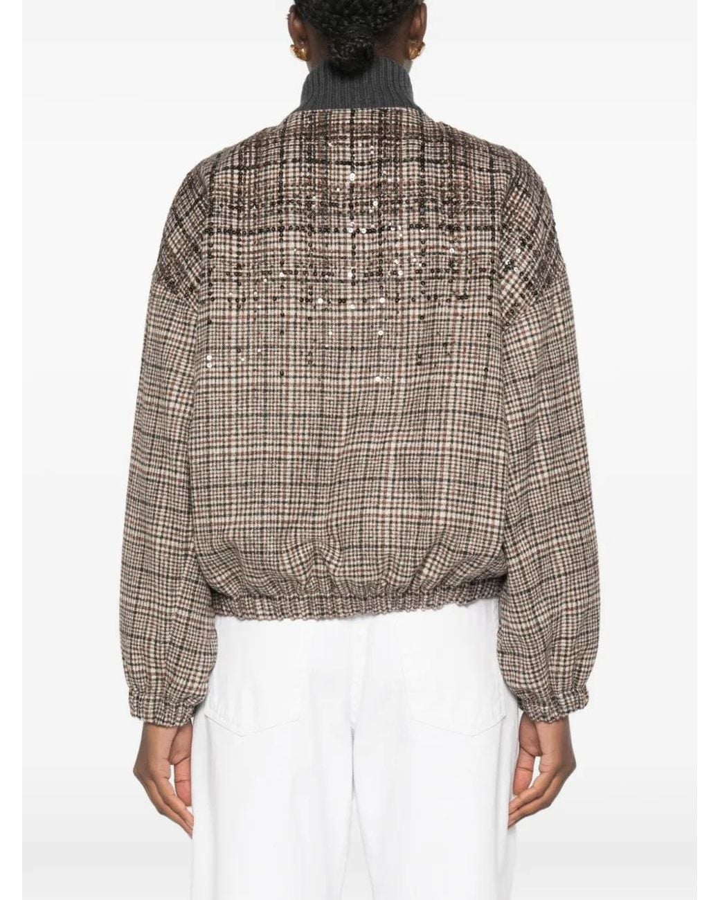 Brunello Cucinelli Brown Sequin-Embellished Checked Jacket