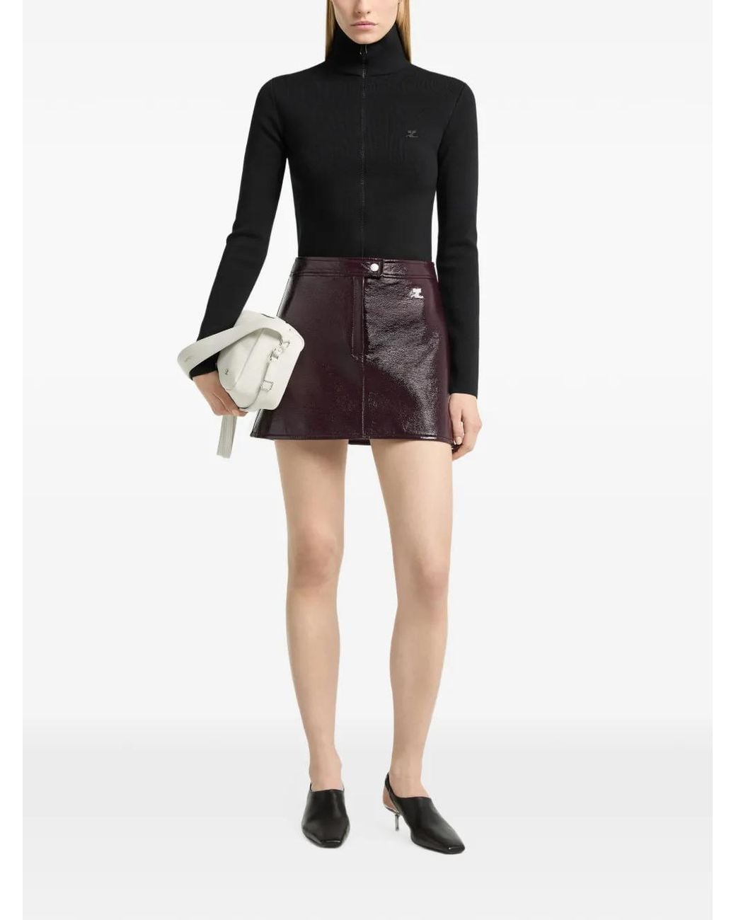 Courreges Brown Vinyl-Effect Mini Skirt With Logo Patch