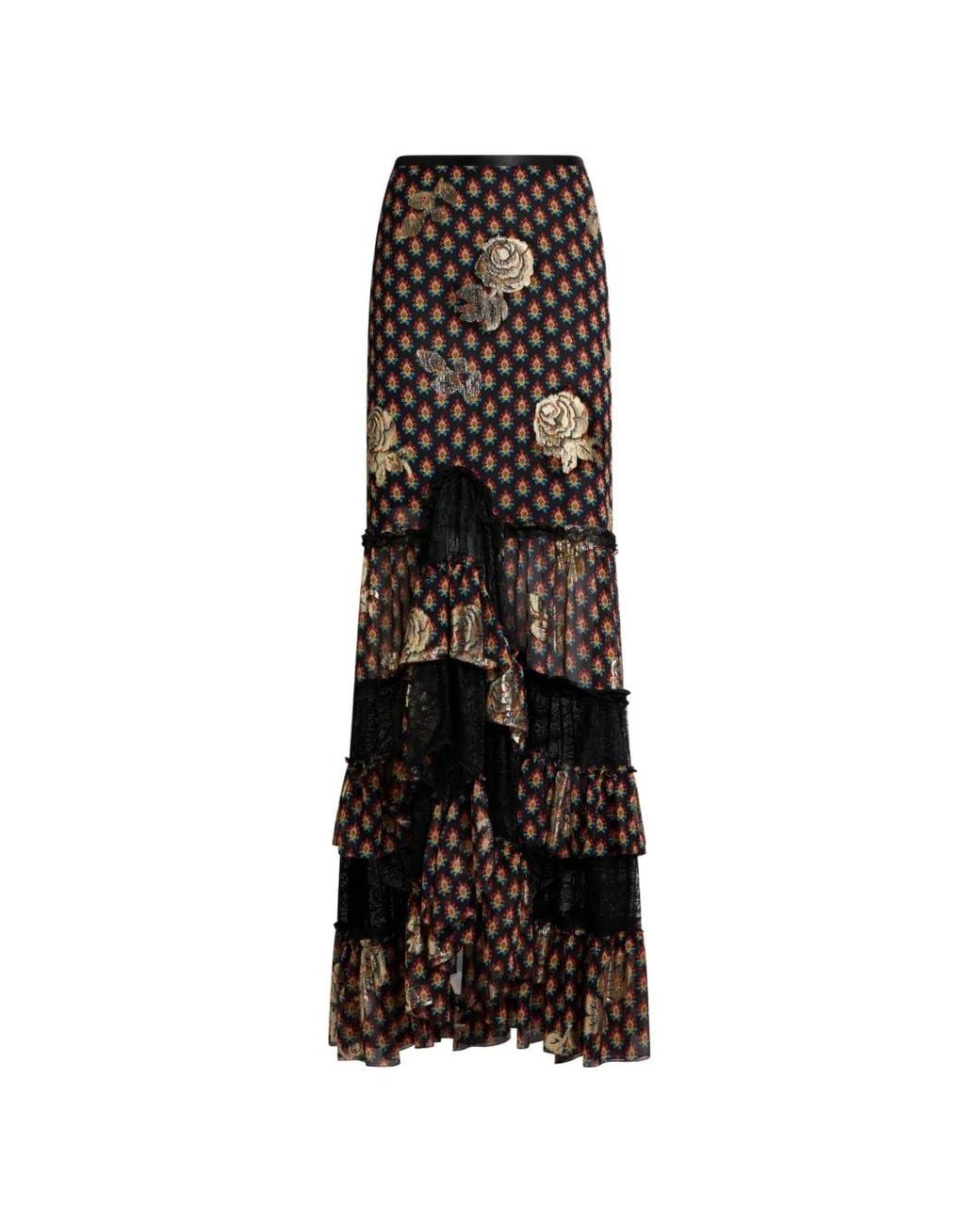 Etro Black Silk And Lace Maxi Skirt With Fil Coupé Roses And Tie-Inspired Motif