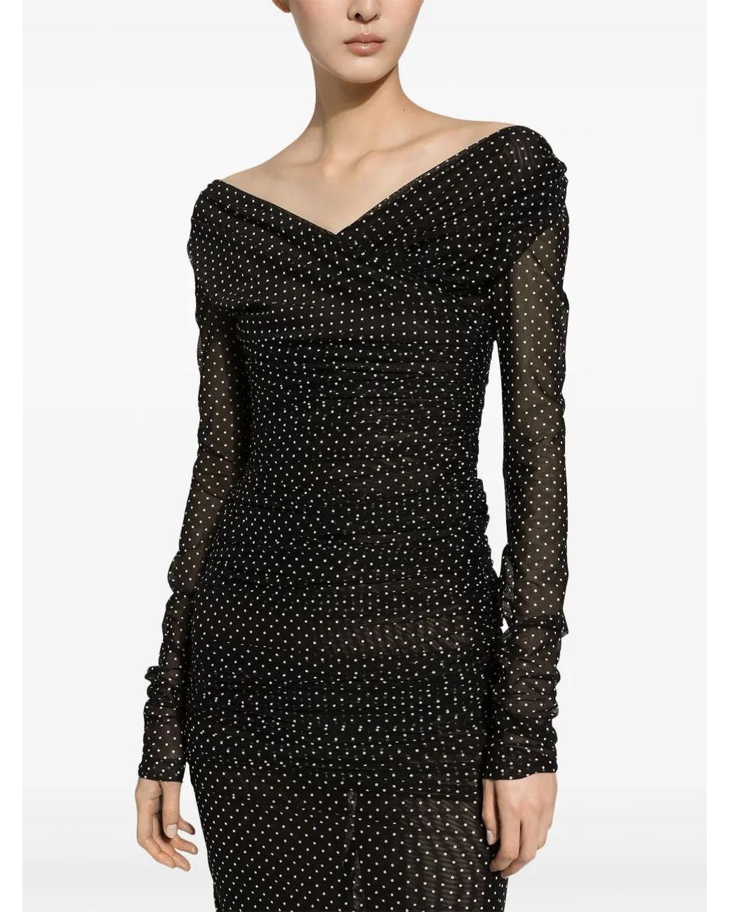 Dolce & Gabbana Black Polka-Dot Tulle Calf-Length Dress