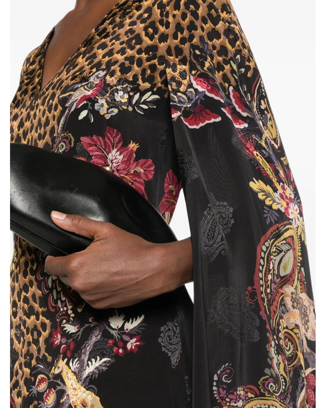 Etro Black Leopard-Print Cape-Sleeve Dress