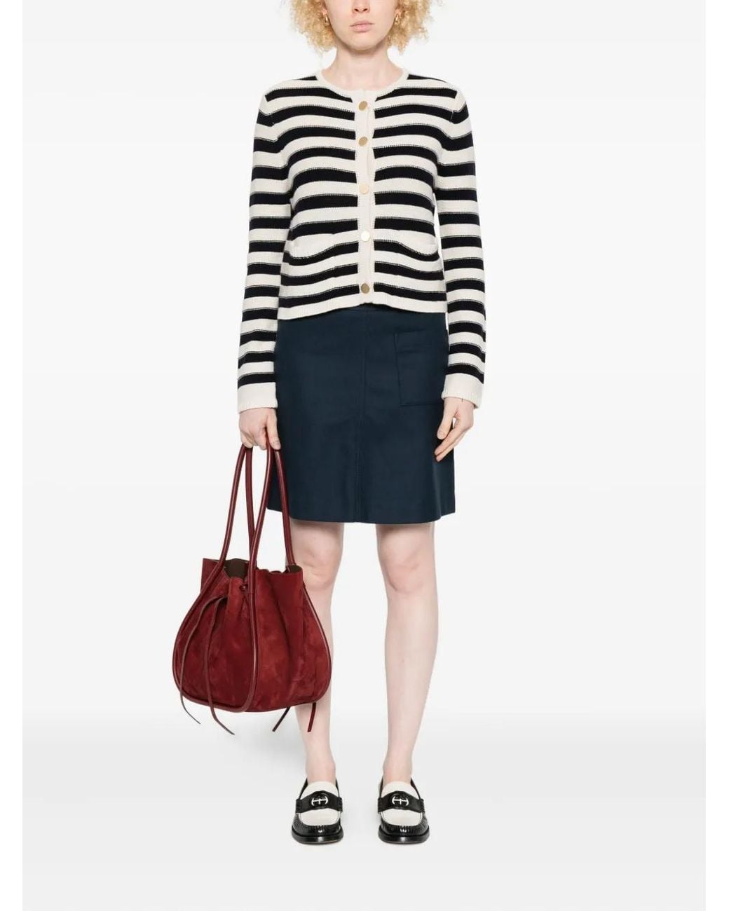 Allude White Striped Button Cardigan