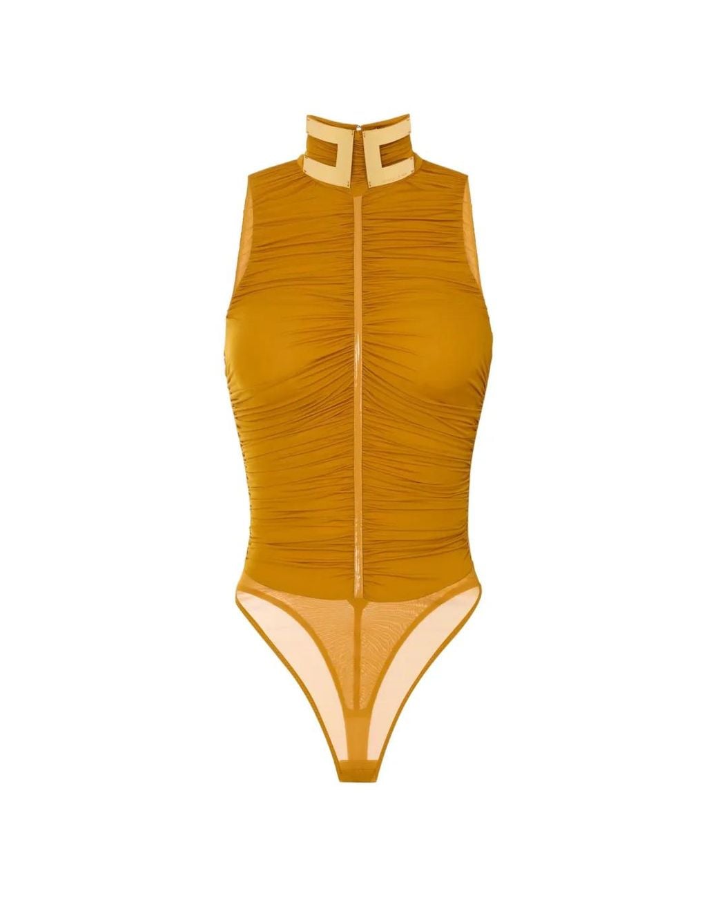 Elisabetta Franchi Yellow Ruched Jewel-Collar Bodysuit