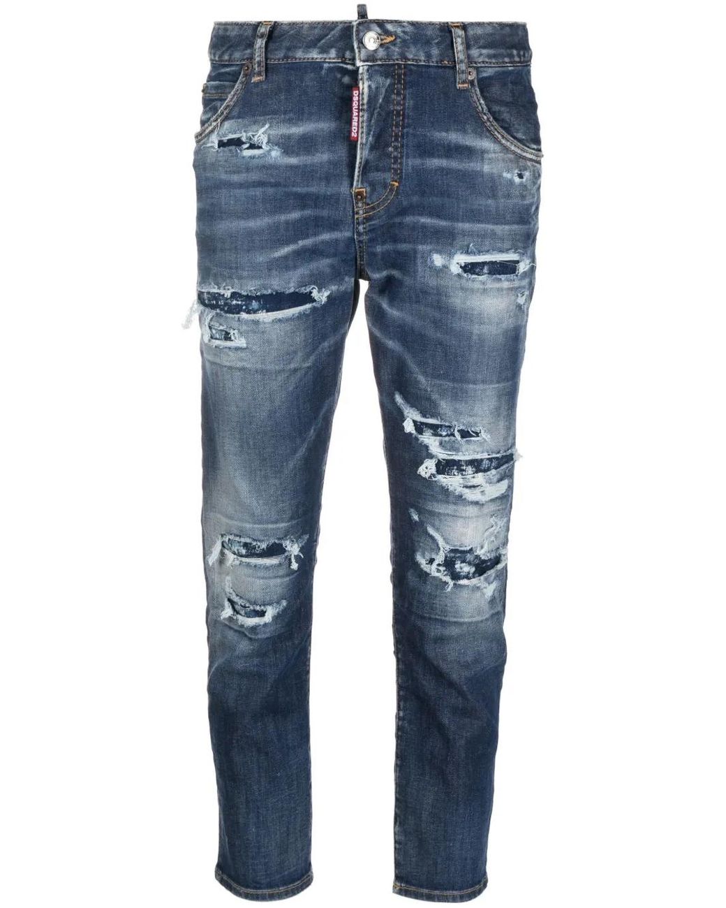 DSquared² Blue Distressed Logo-Patch Cropped Jeans