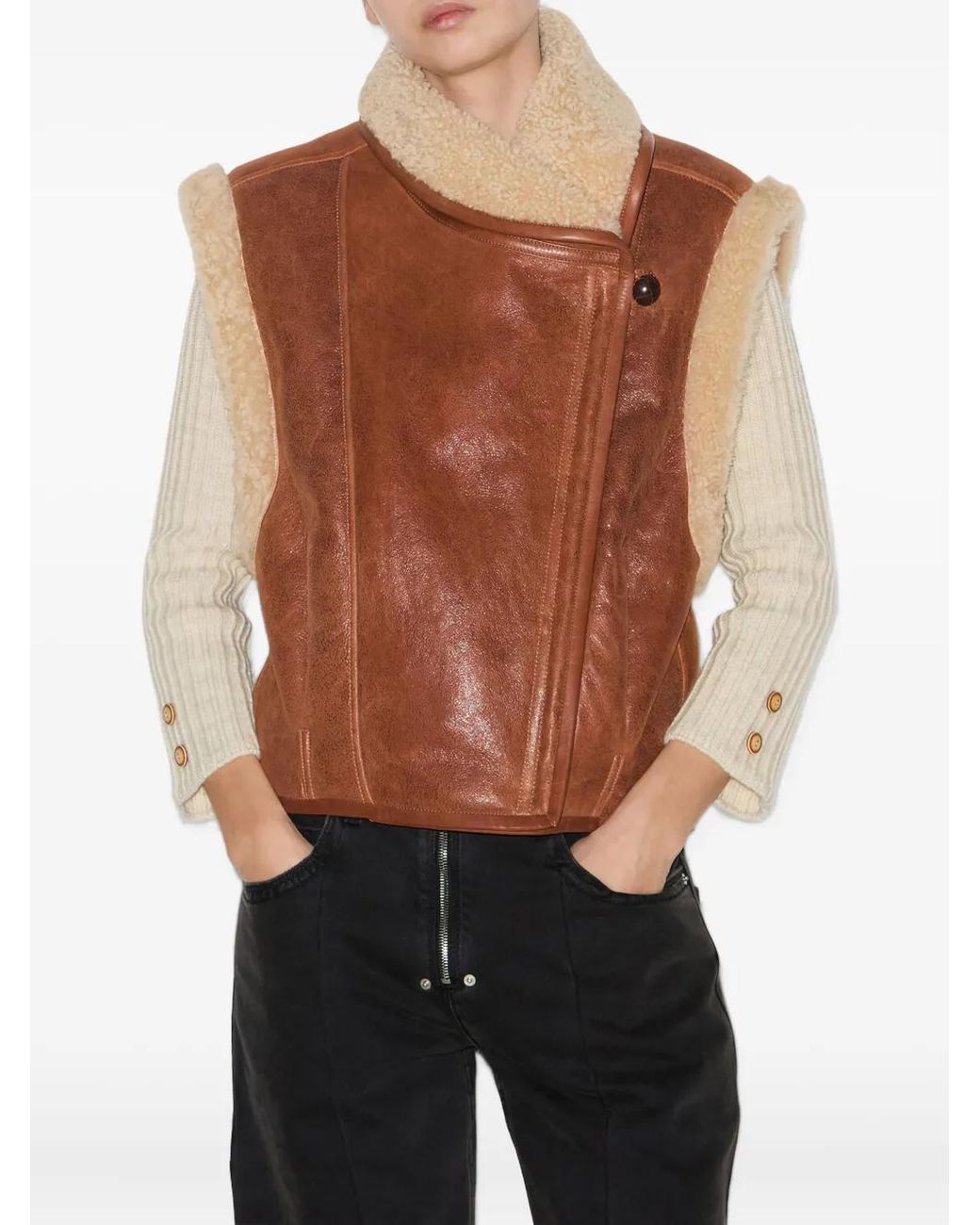 Isabel Marant Brown Cropped Leather Jacket With Plush Shearling Detailing