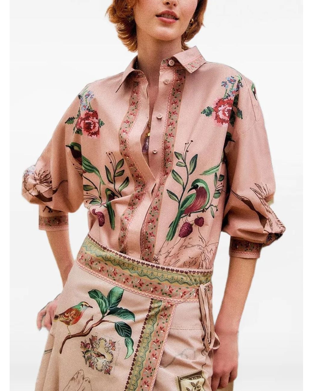 Farm Rio Natural Bird Poetry Graphic-Print Button-Down Shirt