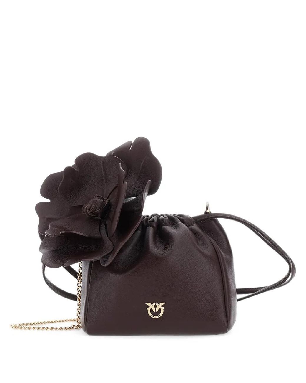 Pinko Brown Flower-Embellished Leather Shoulder Bag