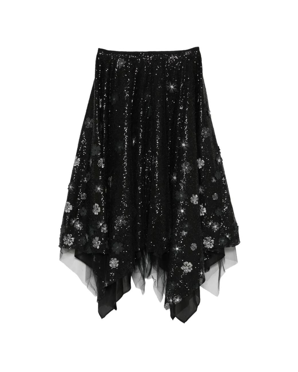 Marc Le Bihan Black Sequin-Embellished Floral-Appliqué Skirt
