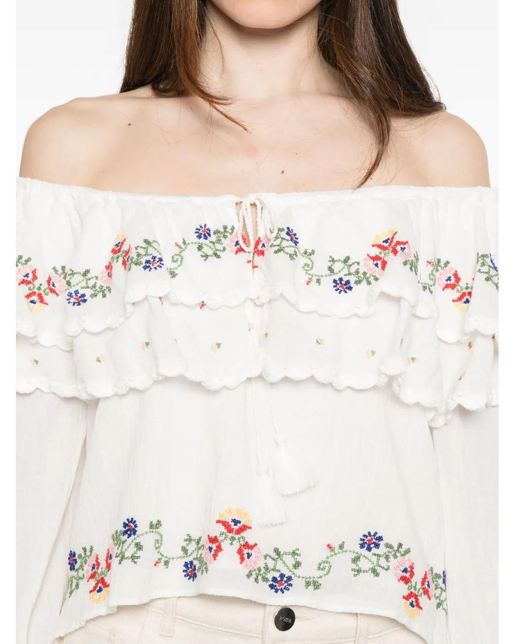 Rixo White Maurine Embroidered Ruffled Top