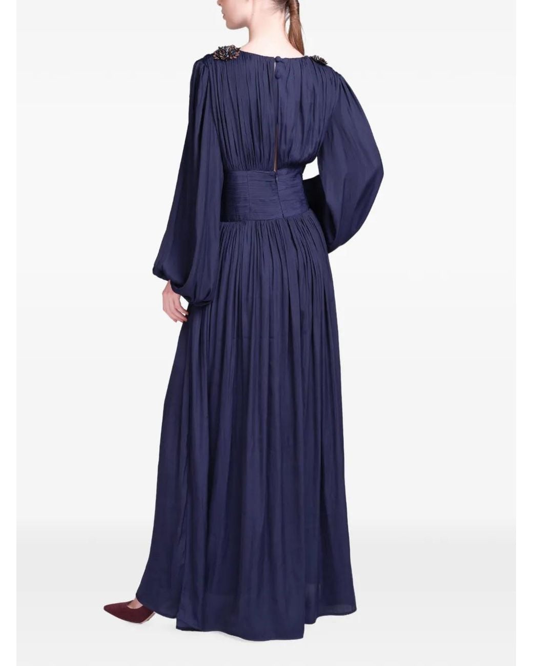 Baruni Blue Layan Beaded-Shoulder Pleated Maxi Dress