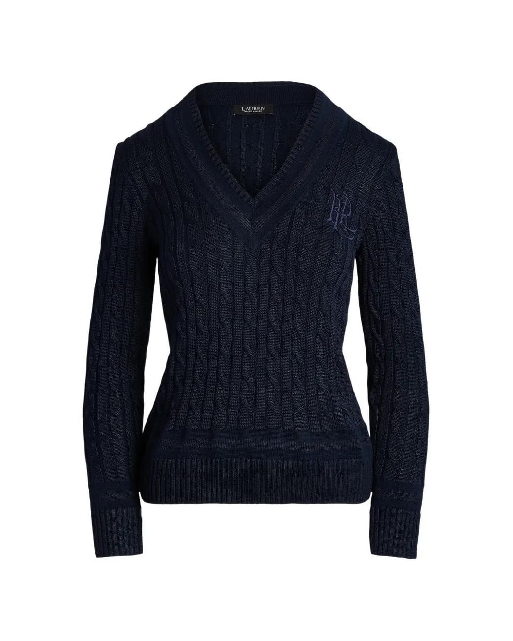 Ralph Lauren Blue Pull En Maille Torsadée À Logo Brodé