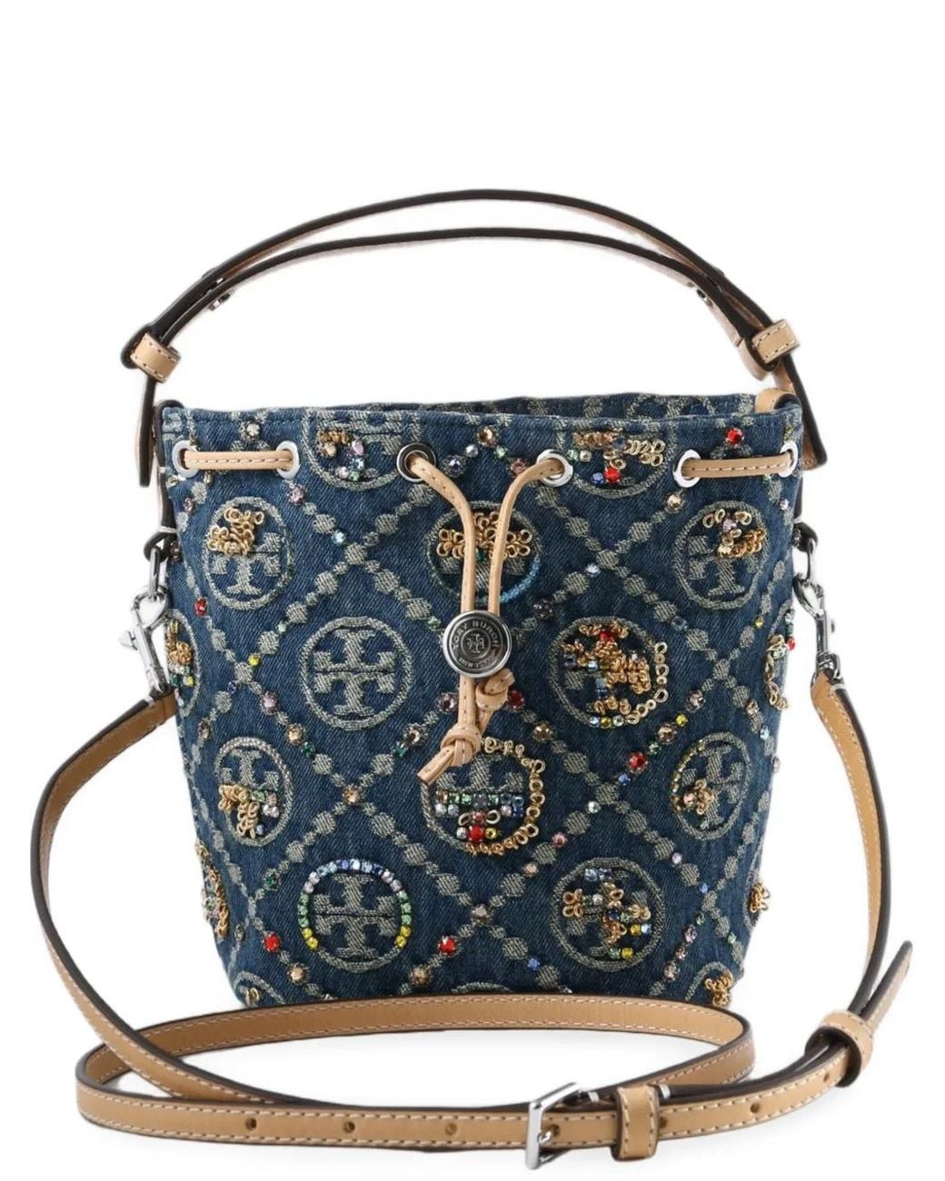 Tory Burch Blue T Monogram Denim Embellished Mini Bucket Bag