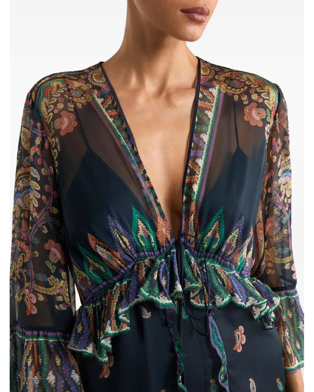 Etro Black Maxi Flared Dress With See-Through Sleeves