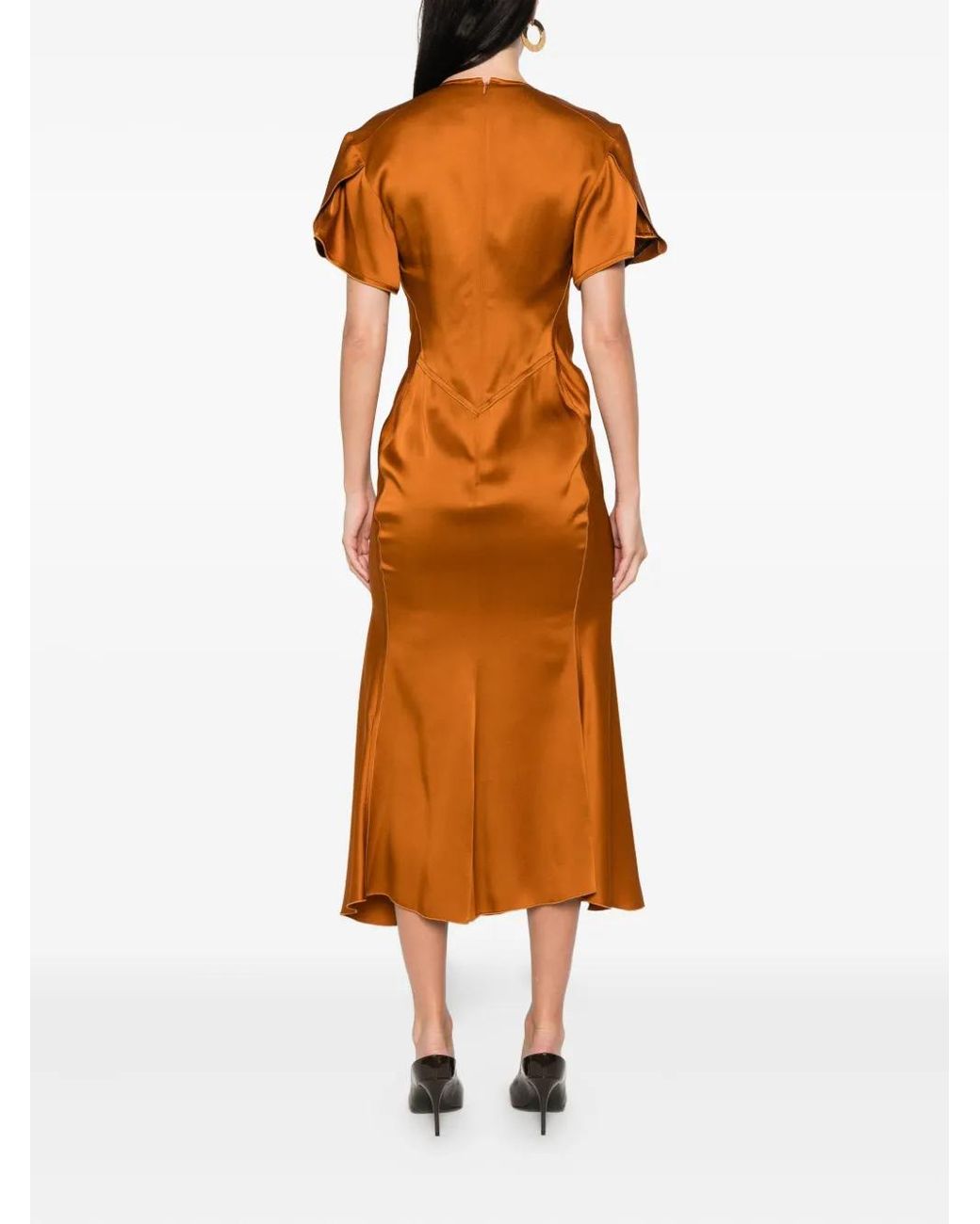 Victoria Beckham Orange Gathered V Neck Midi Dress Clothing