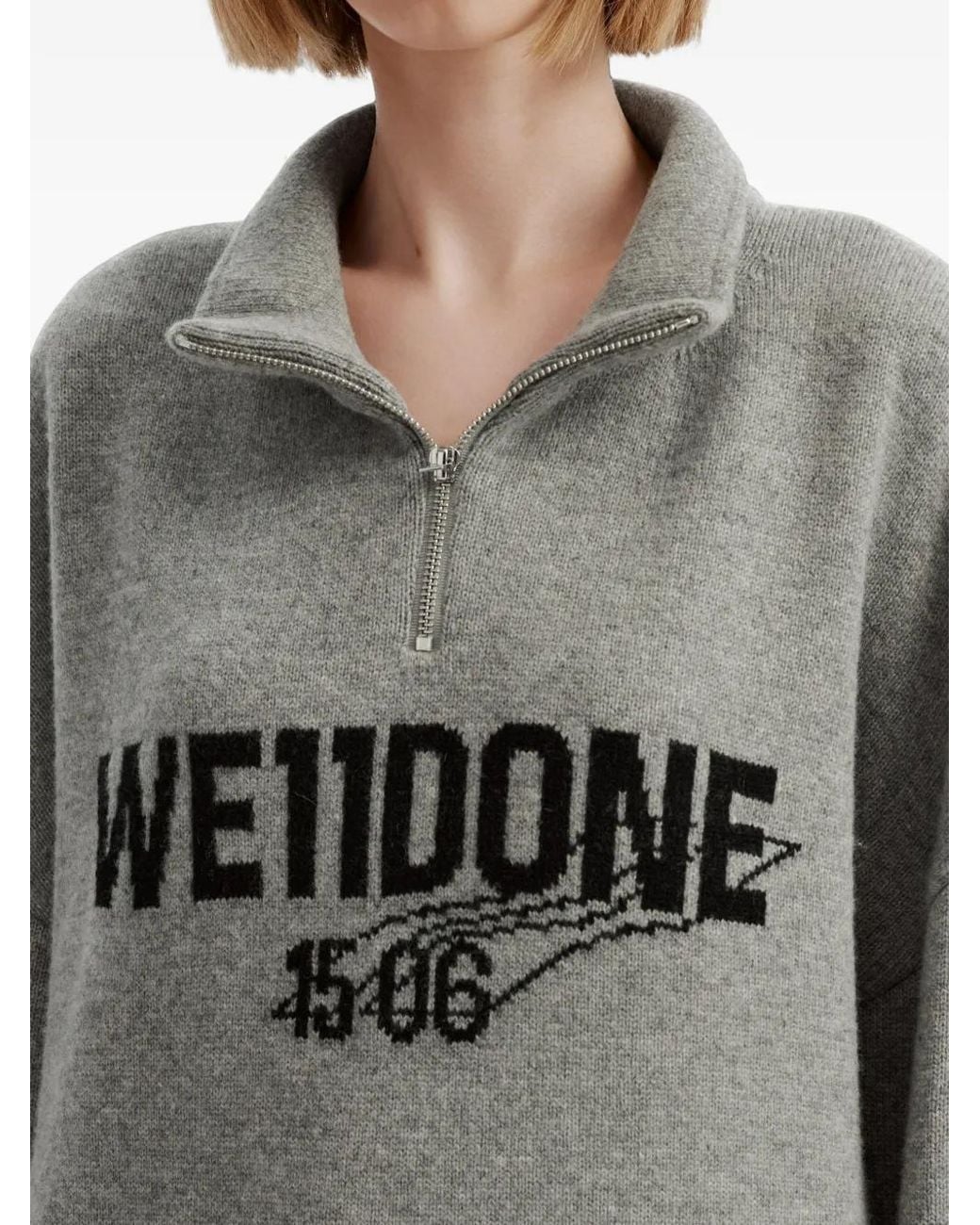 we11done Gray Logo-Intarsia Half-Zip Sweater