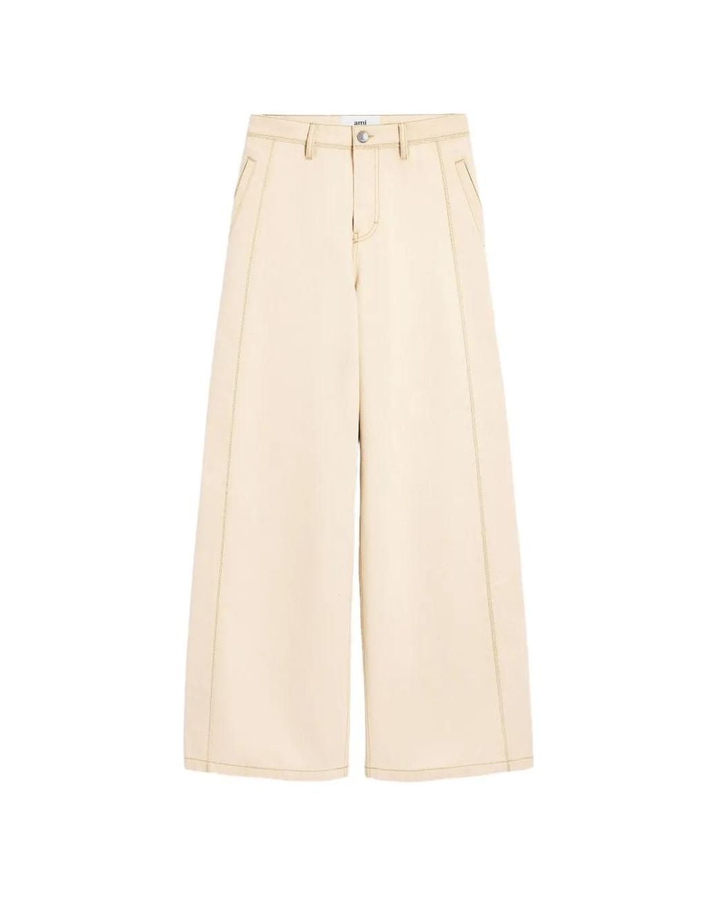 AMI White Topstitched Wide-Leg Jeans