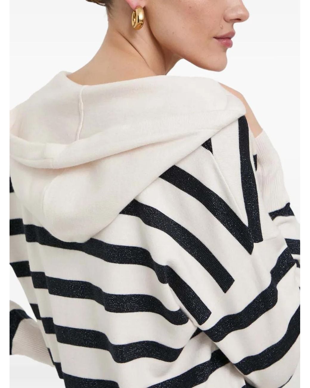 Morgan White V-Neck Striped Hoodie