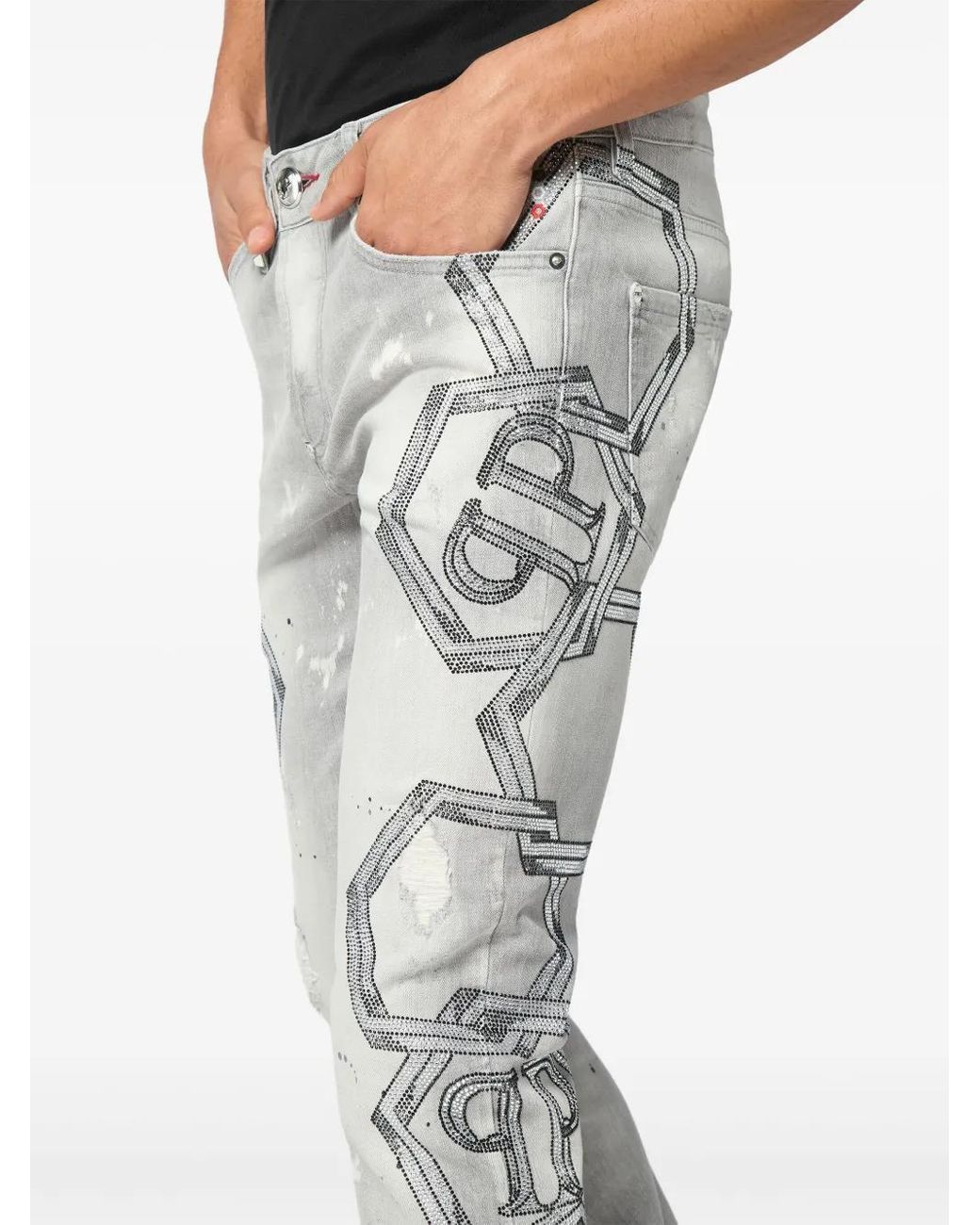 Philipp Plein Gray Crystal-Embellished Jeans for men