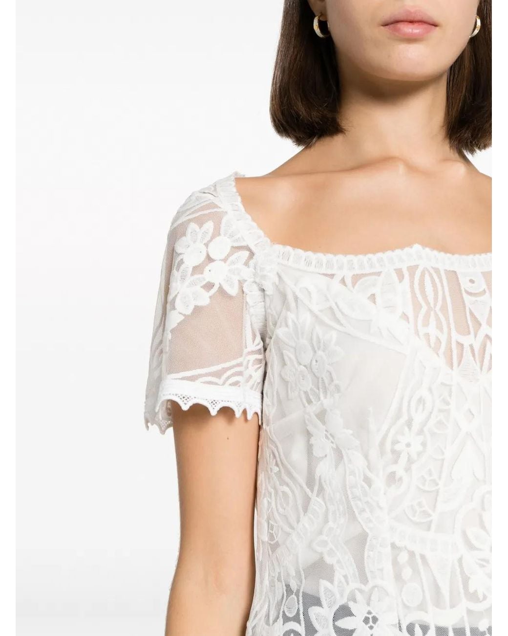 Gemy Maalouf White Square-Neck Lace-Embroidery Blouse