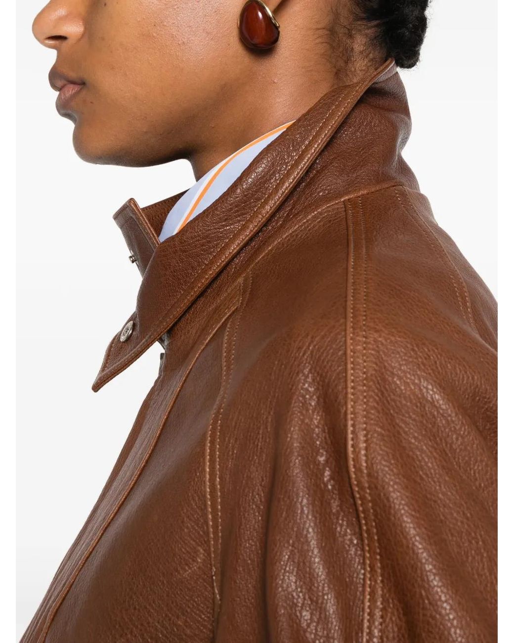 Nour Hammour Brown Ariste Funnel-Neck Leather Jacket