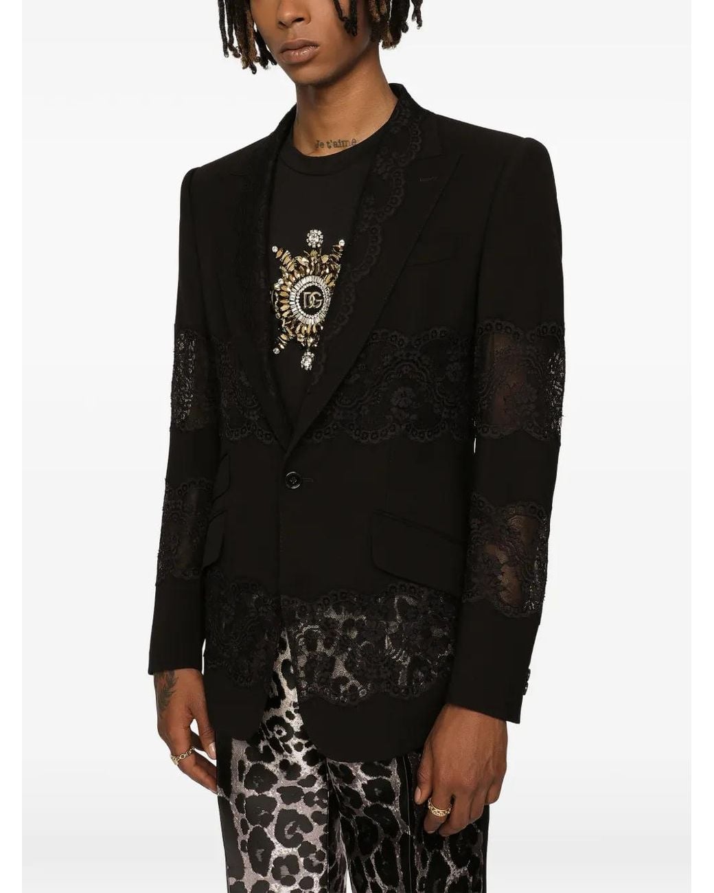 Dolce & Gabbana Black Lace-Panel Single-Breasted Blazer for men