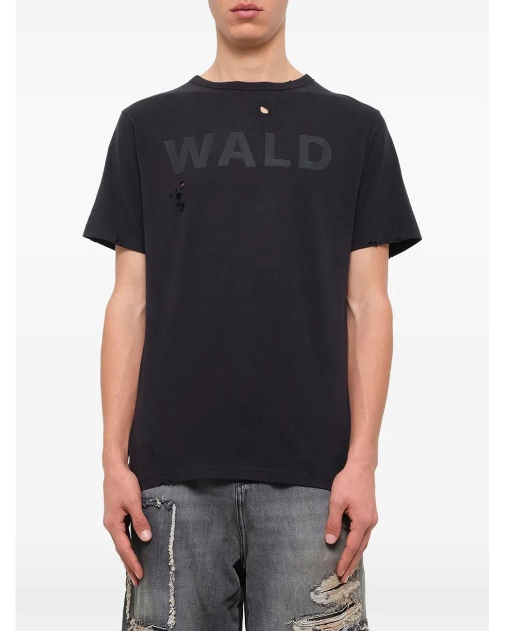 Waldi Black Logo-Print Distressed T-Shirt for men