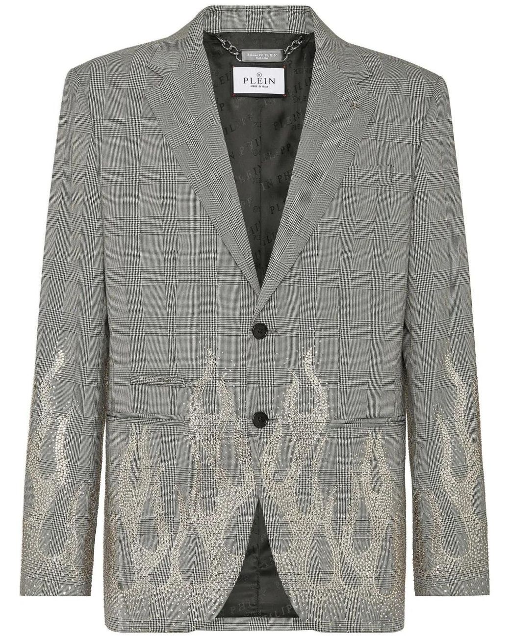 Philipp Plein Gray Rhinestone-Flame Embellished Blazer for men