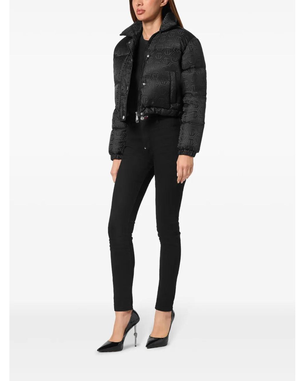 Philipp Plein Black Monogram Cropped Puffer Jacket