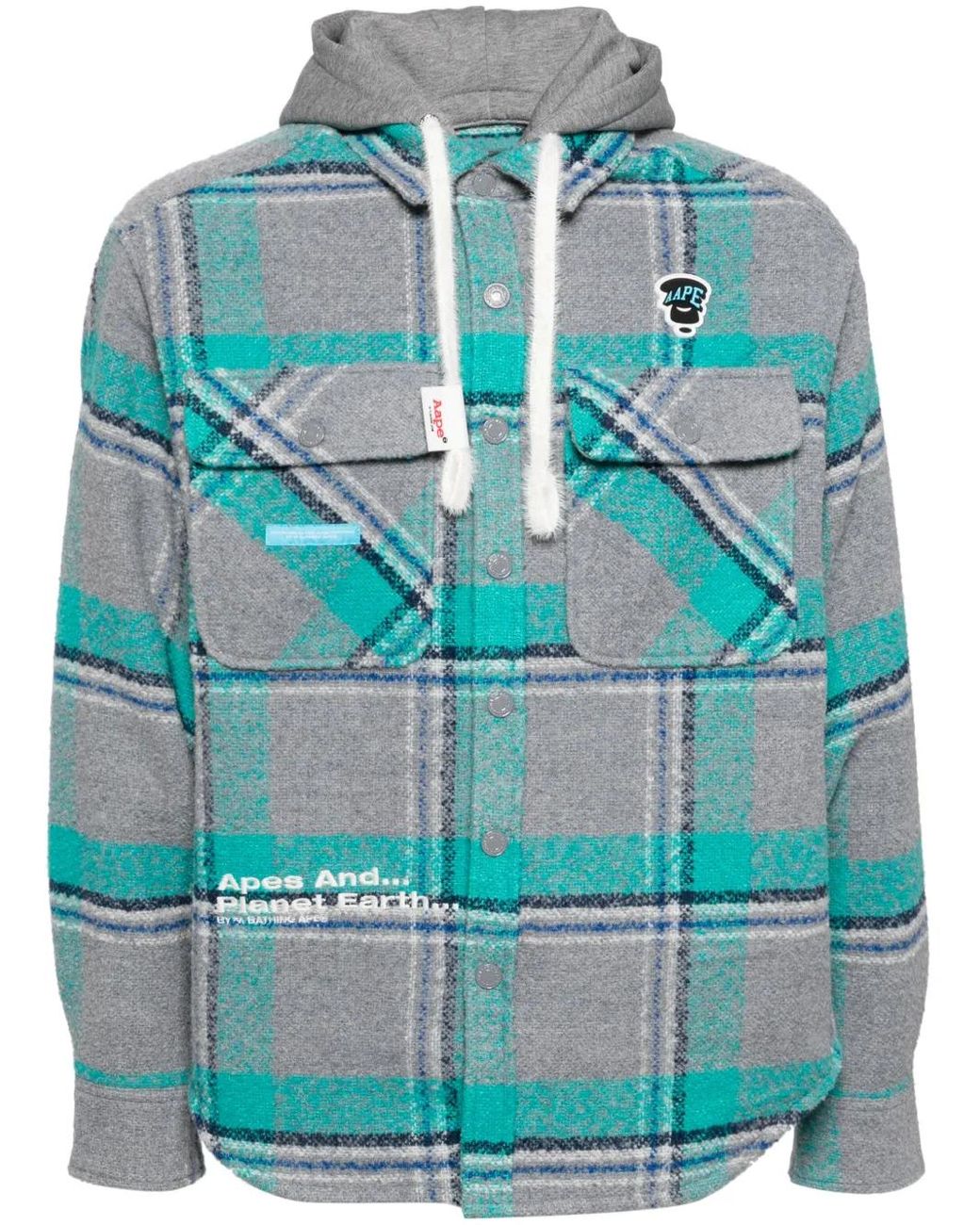 Aape By A Bathing Ape Blue Check-Pattern Hooded Wool-Blend Jacket for men