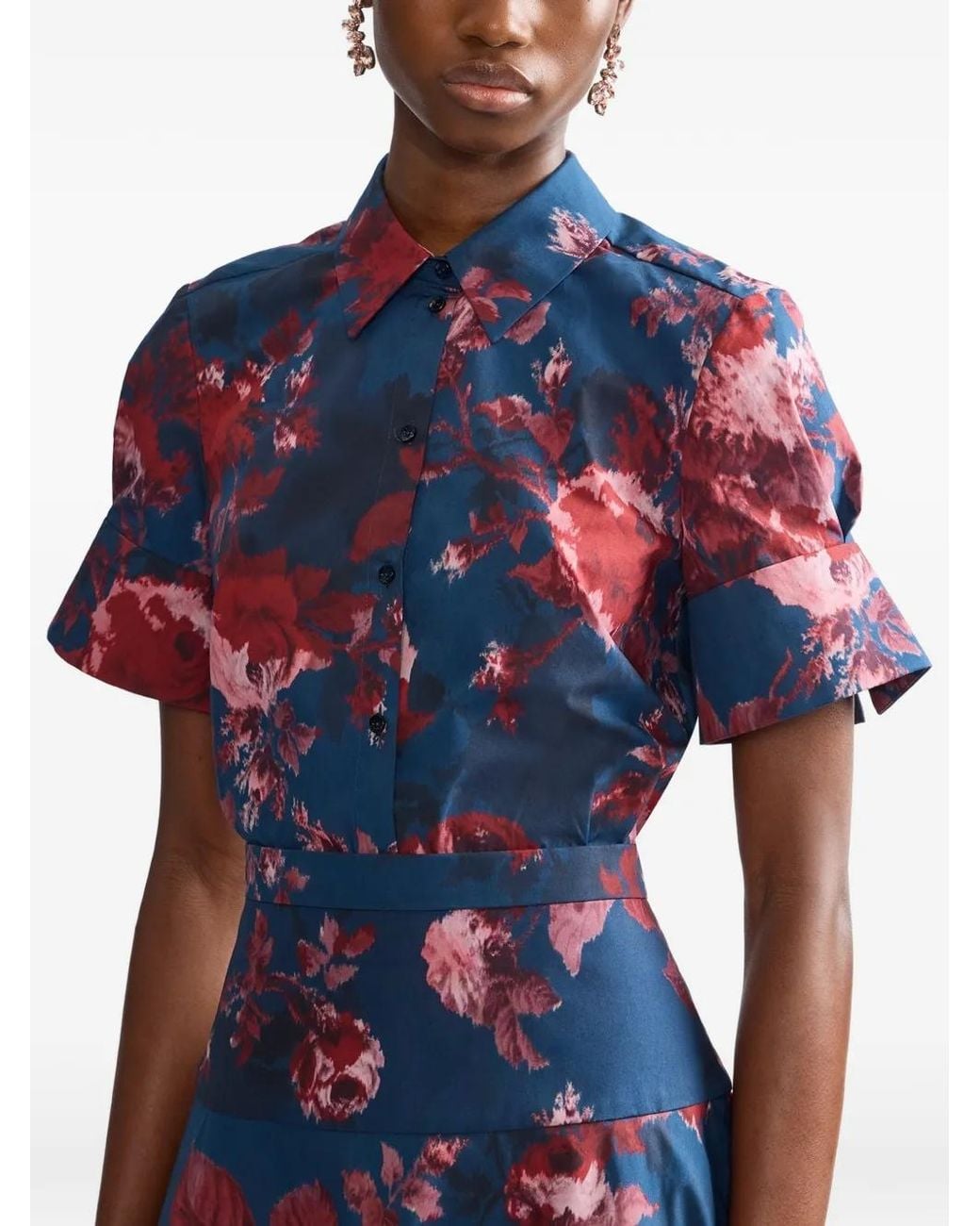 Erdem Blue Jupe À Fleurs En Popeline De Coton