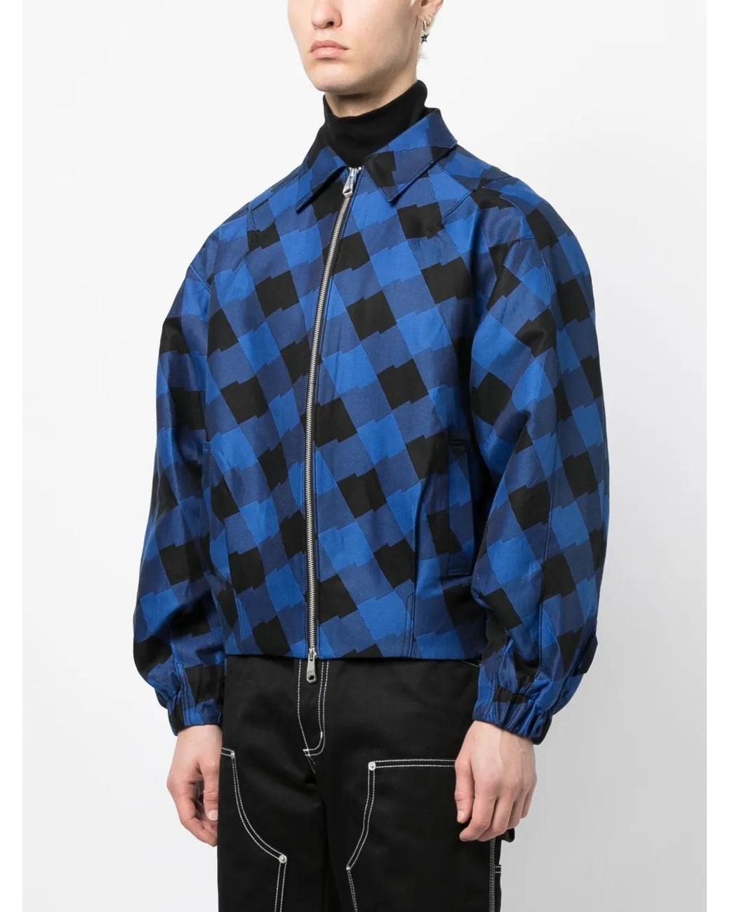 Adererror Blue Logo-Patch Checked Bomber Jacket for men