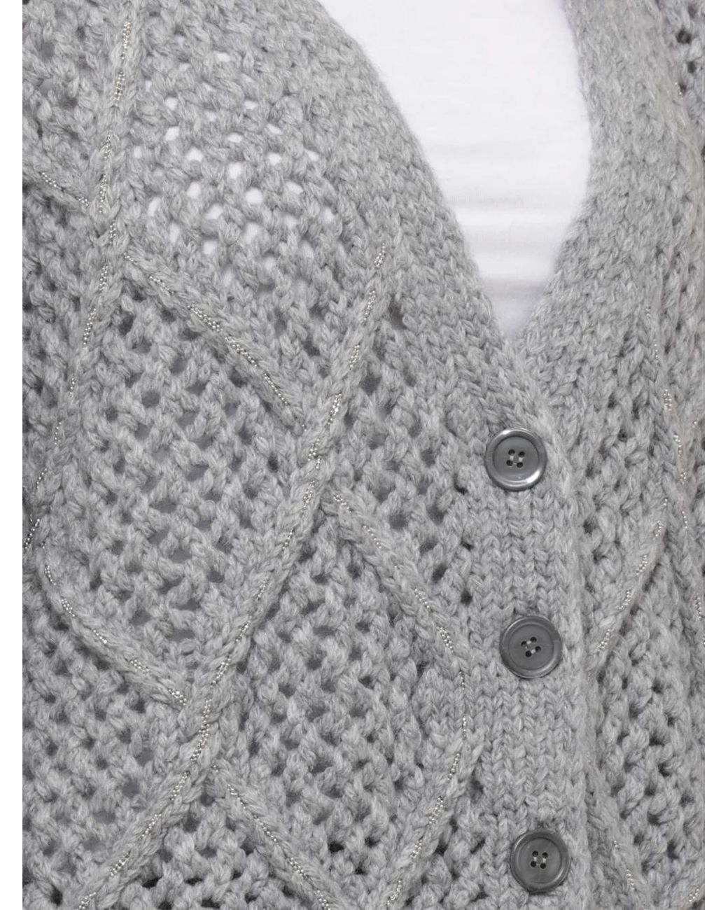 Peserico Gray Perforated-Knit Bead-Embellished Sweater