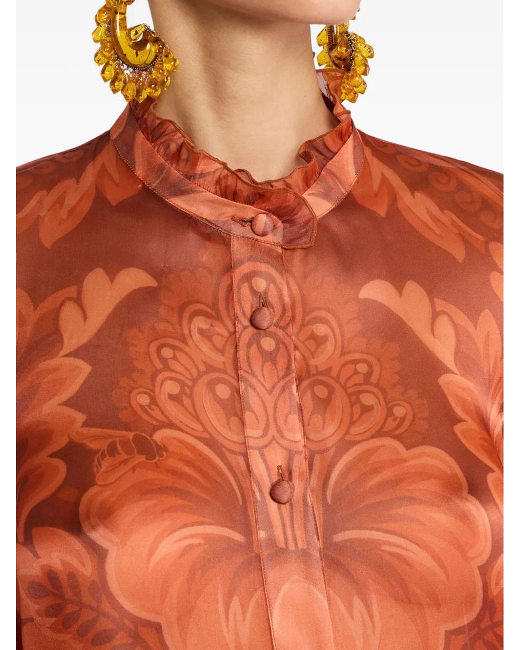 Etro Brown Pleated Floral-Print Shirt