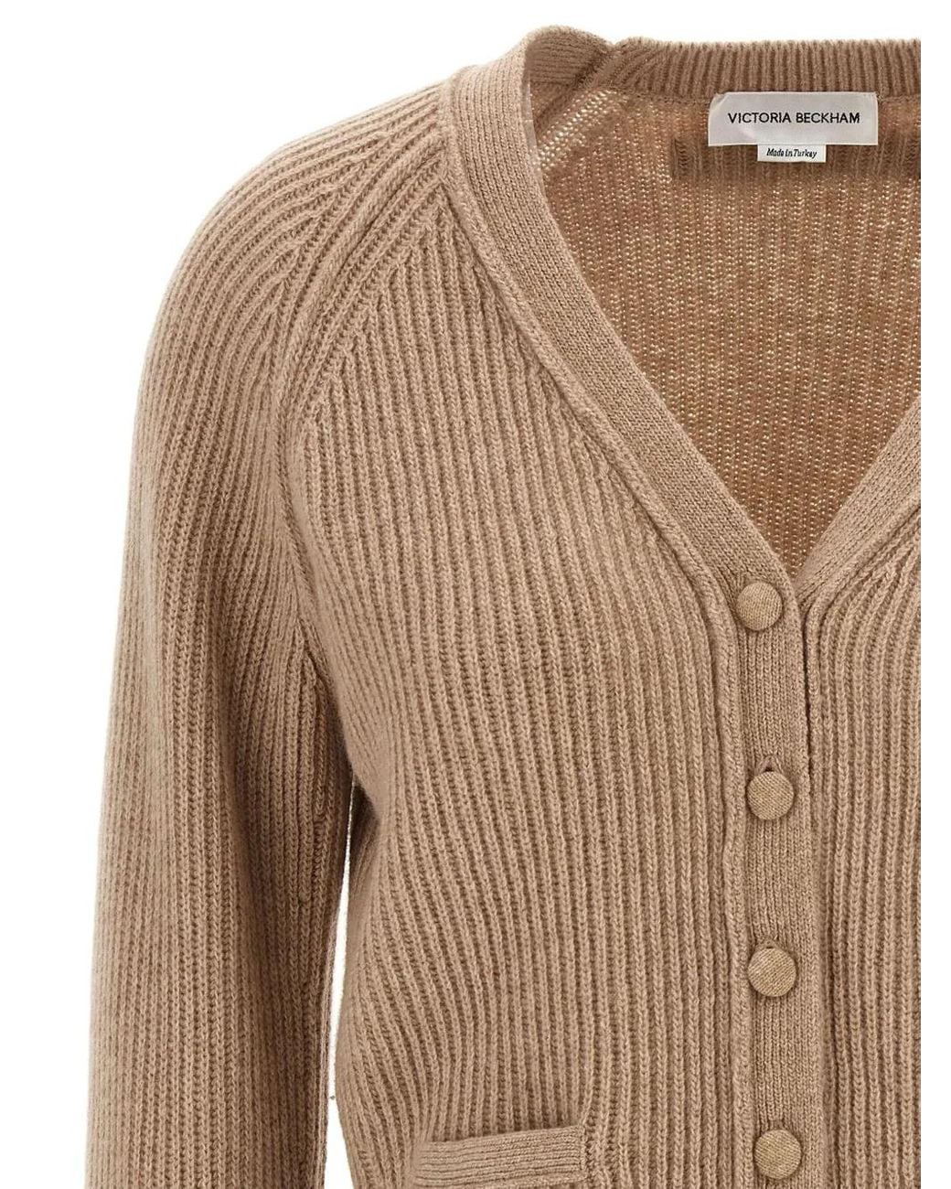 Victoria Beckham Natural Stepped-Hem Ribbed Cardigan