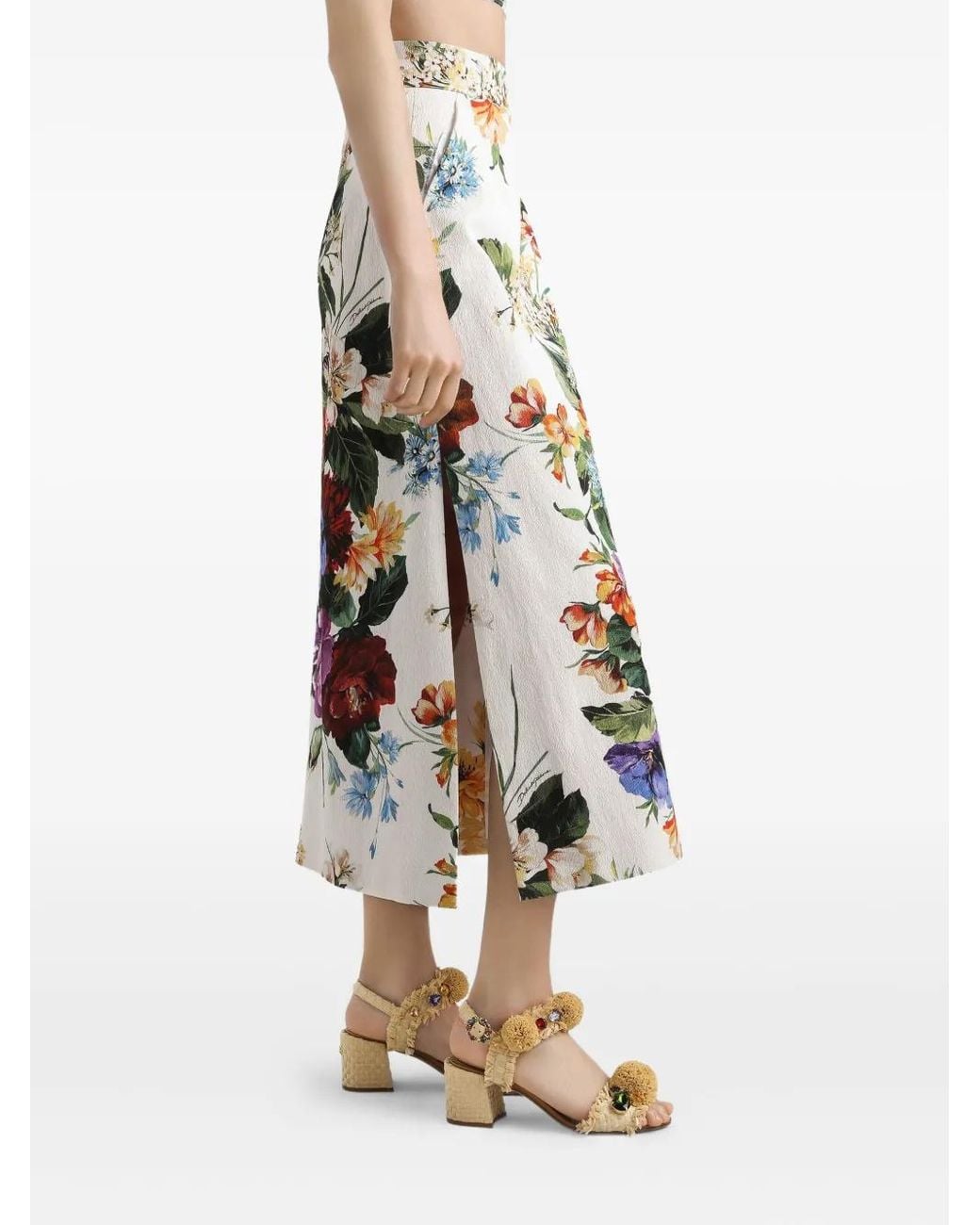 Dolce & Gabbana White Flower Bouquet Print Midi Skirt