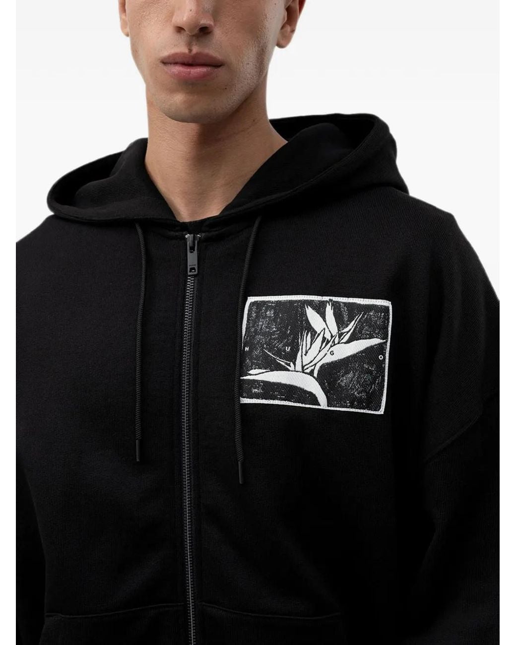 HUGO Black Graphic-Print Zip-Up Hoodie for men