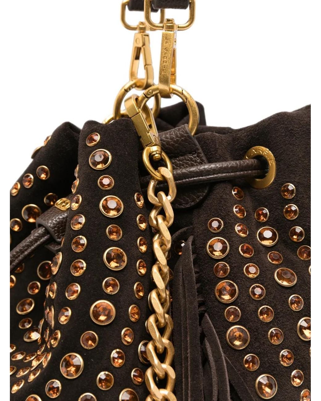 La Carrie Brown Andromeda Studded Fringed Bucket Bag