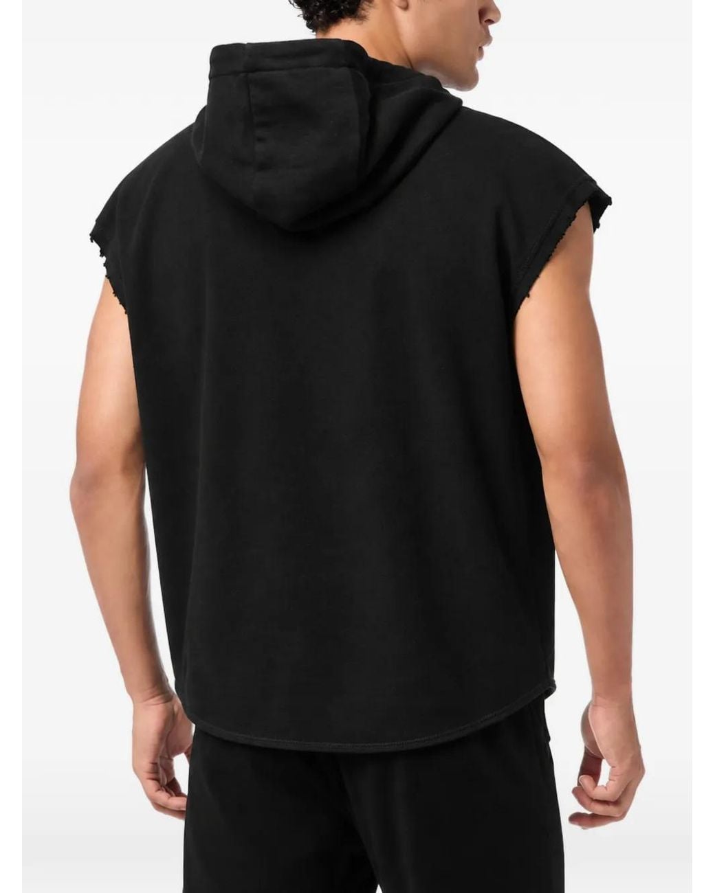 Philipp Plein Black Raw-Edge Sleeveless Hoodie for men