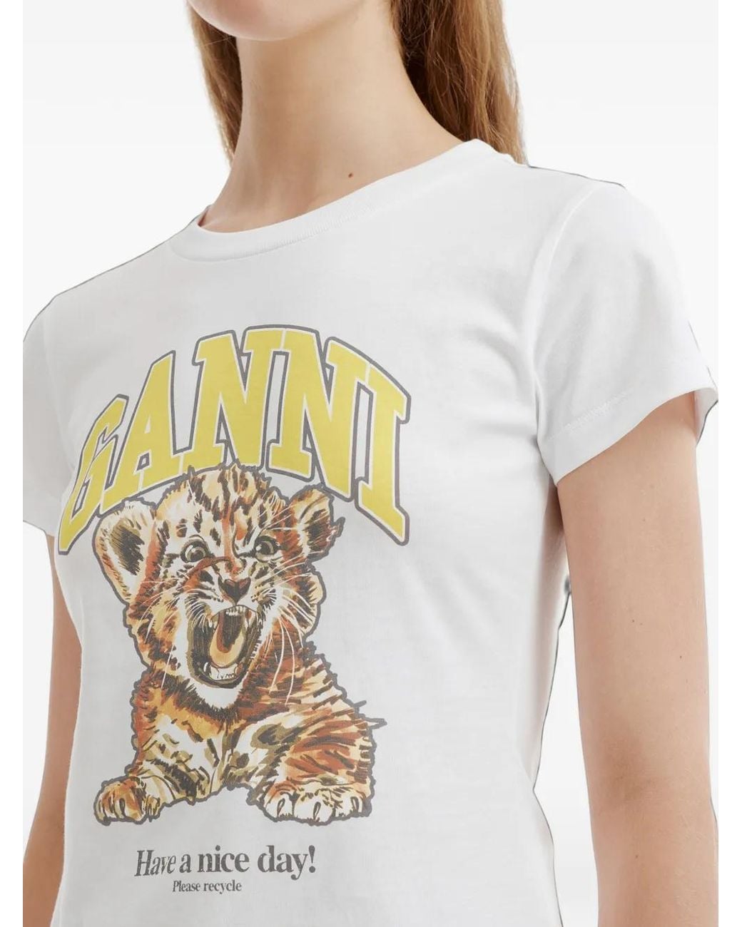 Ganni White Baby-Fit T-Shirt With Tiger