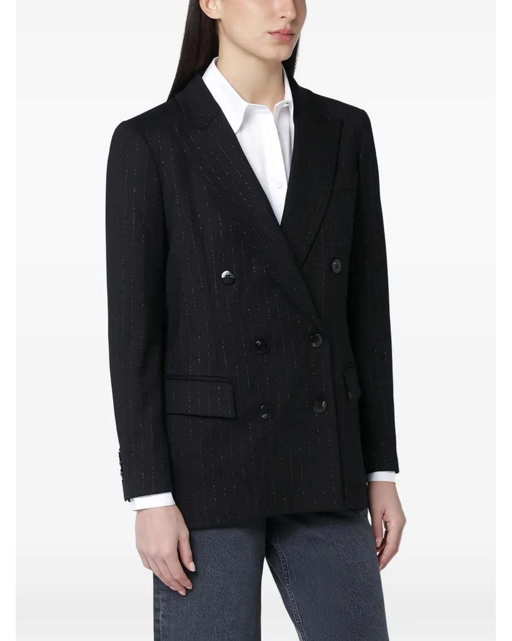 VI TO VI Black Pinstriped Double-Breasted Blazer